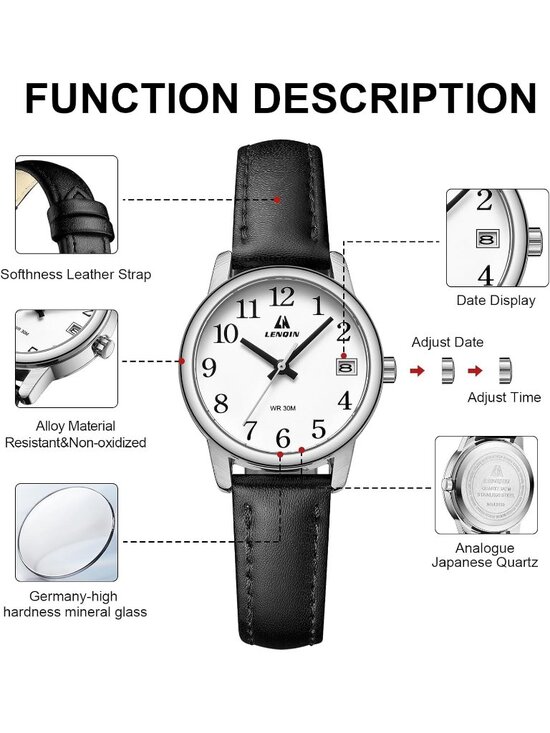 Women\'s Silver Black Leather Strap Analog Quartz Luminous Dial Waterproof Watch
